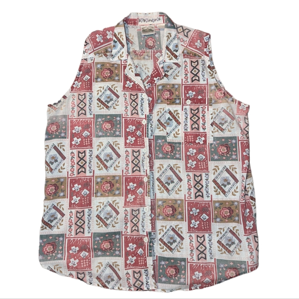 Vintage Pearl River Floral Button Down Sleeveless Collared Grandma Top Prairie